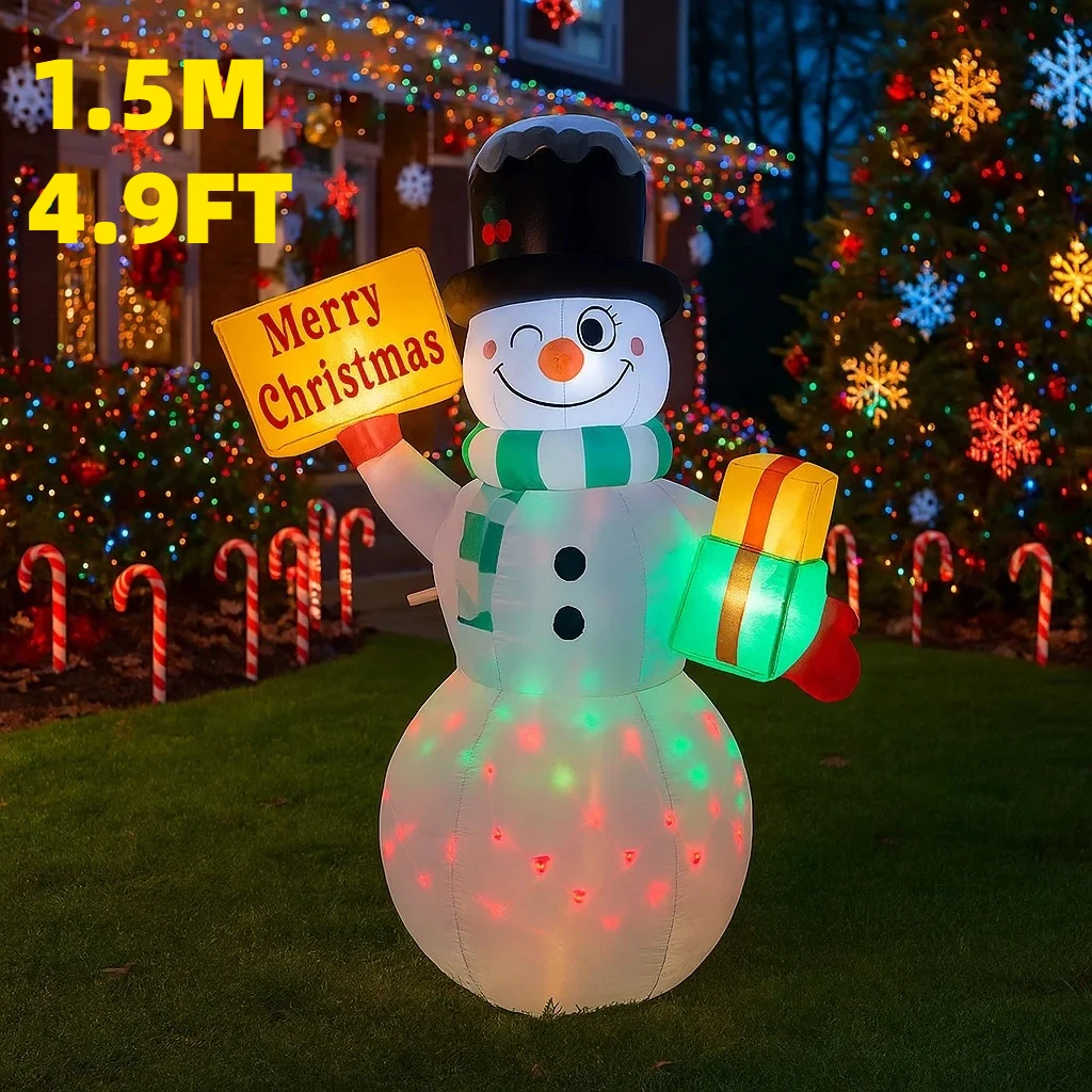 1.5M/4.9FT Opblaasbare Kerstsneeuwman Holding Teken Licht LED Woondecoratie Speelgoed Tuin Kerstvakantie Benodigdheden Outdoor Gazon Decor