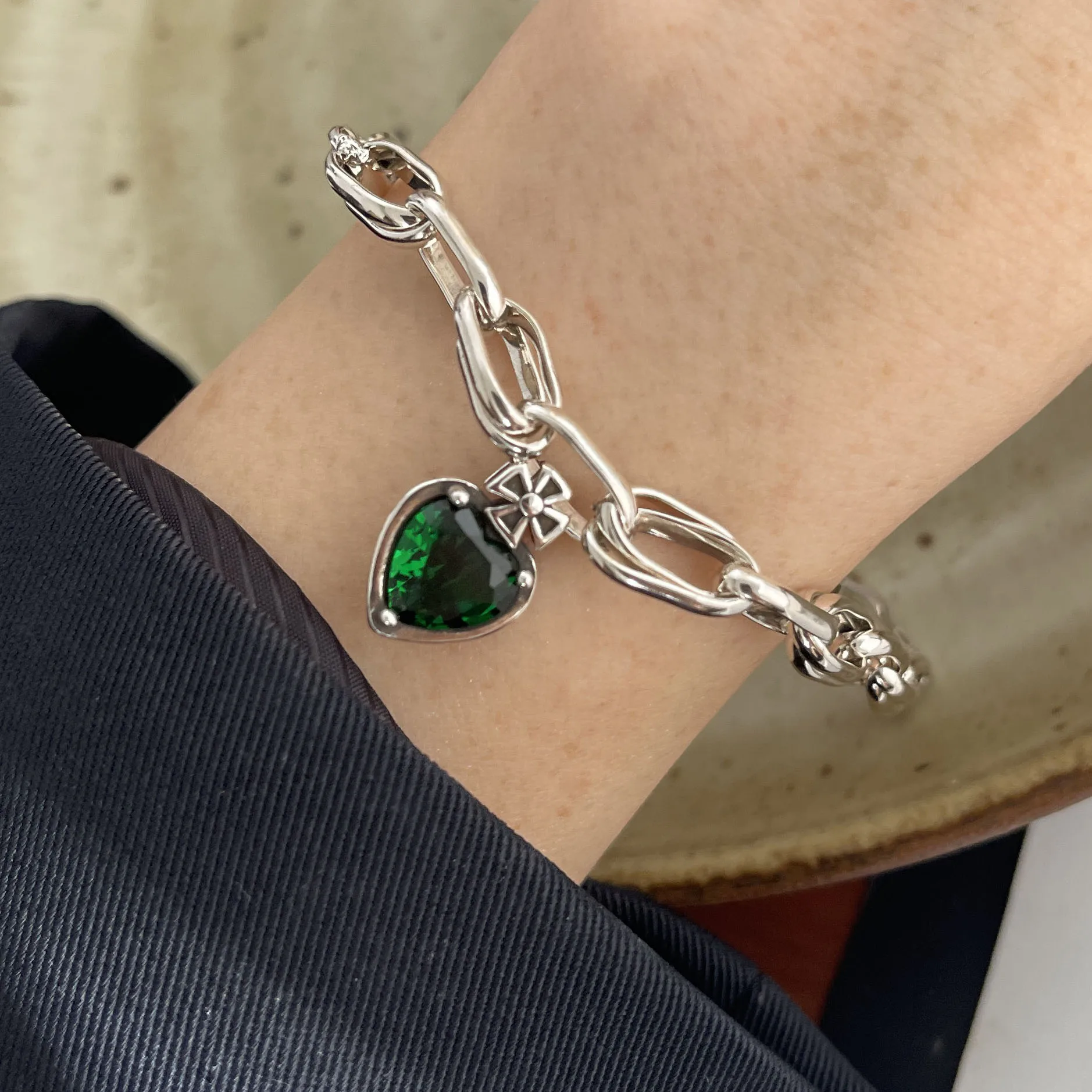 925 Sterling Silver Bracelets for Women Men String Accessories Trend Vintage Green Heart Stone Beads Pendant Party Jewelry Gift