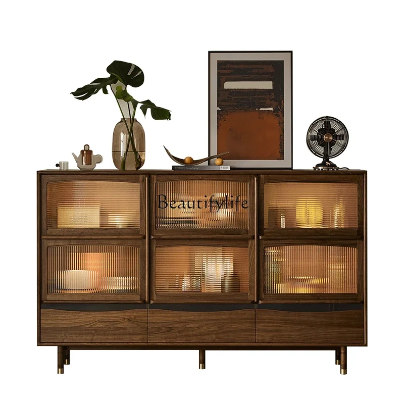 Solid wood retro six-grid cabinet black walnut living room multi-functional storage display side cabinet