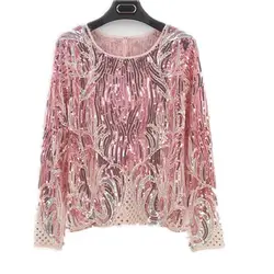 Lace Perspective 2024 New Mesh Sequin Luxury Exaggerated Primer Loose Bead Round Neck Long-sleeved Chic T-shirt Top