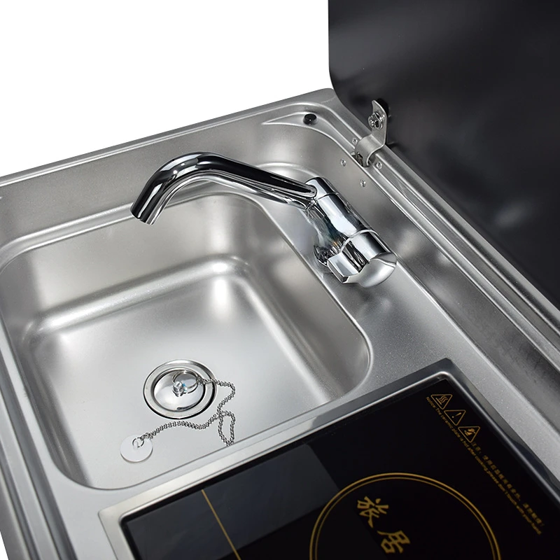 RV Stainless Steel Sink and Induction Cooker Combination Unit with Tempered Glass Lid for RV Caravan Motorhome Yacht