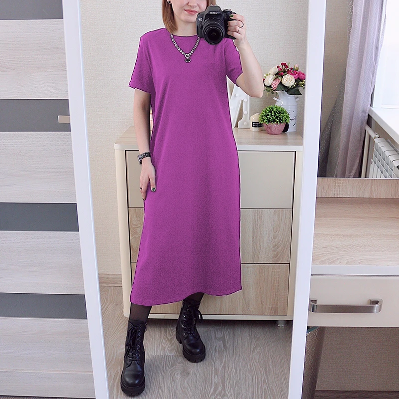 Original Casual 94% Cotton Summer Women\'s Dresses Solid Short Sleeve Spilt Long Midi Dress Fashion Sundress Female Clothing