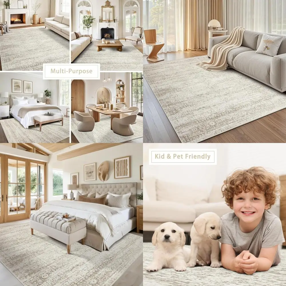 

5x7 Soft Faux Wool Area Rugs for Living Room, Bedroom, and Home Office - Non-Slip, Low Pile, Vintage Print