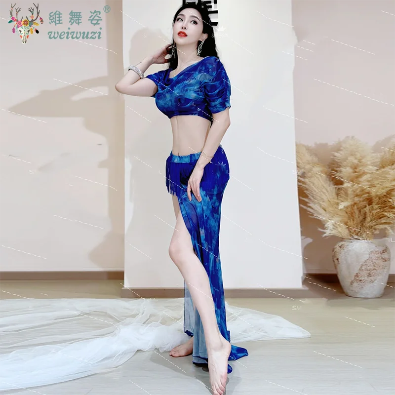 여성용 벨리 댄스 의상 세트 메쉬 슬리브 탑+프린팅 롱 스커트 2피스 오리엔탈 댄스 의상 댄서 연습복