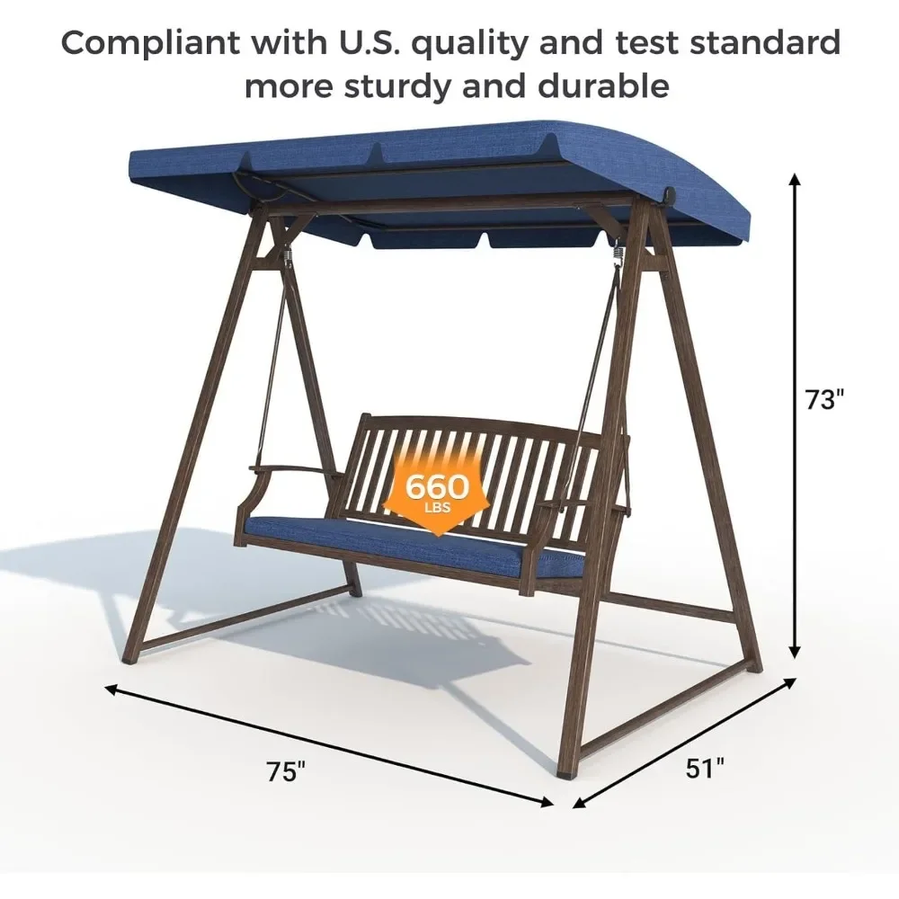 Outdoor Porch Swing with Adjustable Canopy, Removable Cushion, Weather Resistant Powder Painted Woodgrain Frame, Outdoor Swing