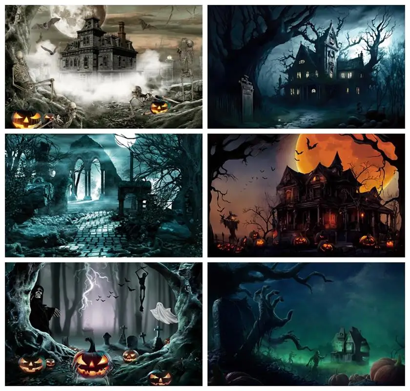 

Laeacco Halloween Horror Castle Backdrop Gloomy Forest Scary Cemetery Pumpkin Lantern Bat Party Decor Photography Background