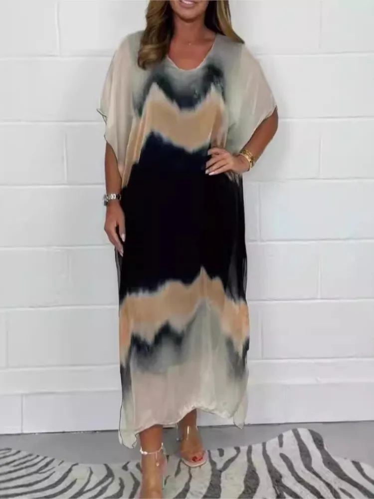 

Women's Long Chiffon Comfortable Casual Color Block Dress Summer Fashion Commuting V-neck Loose Short-sleeved Long Skirt