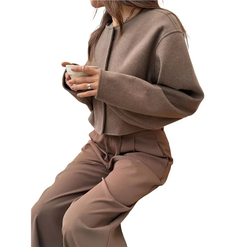 

CYL-Women Cropped Wool Blend Pea Coat Short Jacket Peacoat Long Sleeve Button Down Crop Jacket