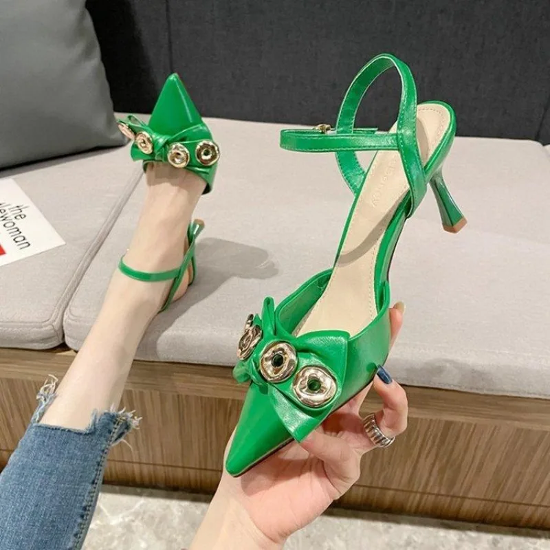 

2026 Summer New Pointy Metal Buckle Bow Heel High Heels Temperament Elegant Commuter Bun Head Stiletto Sandals for Women