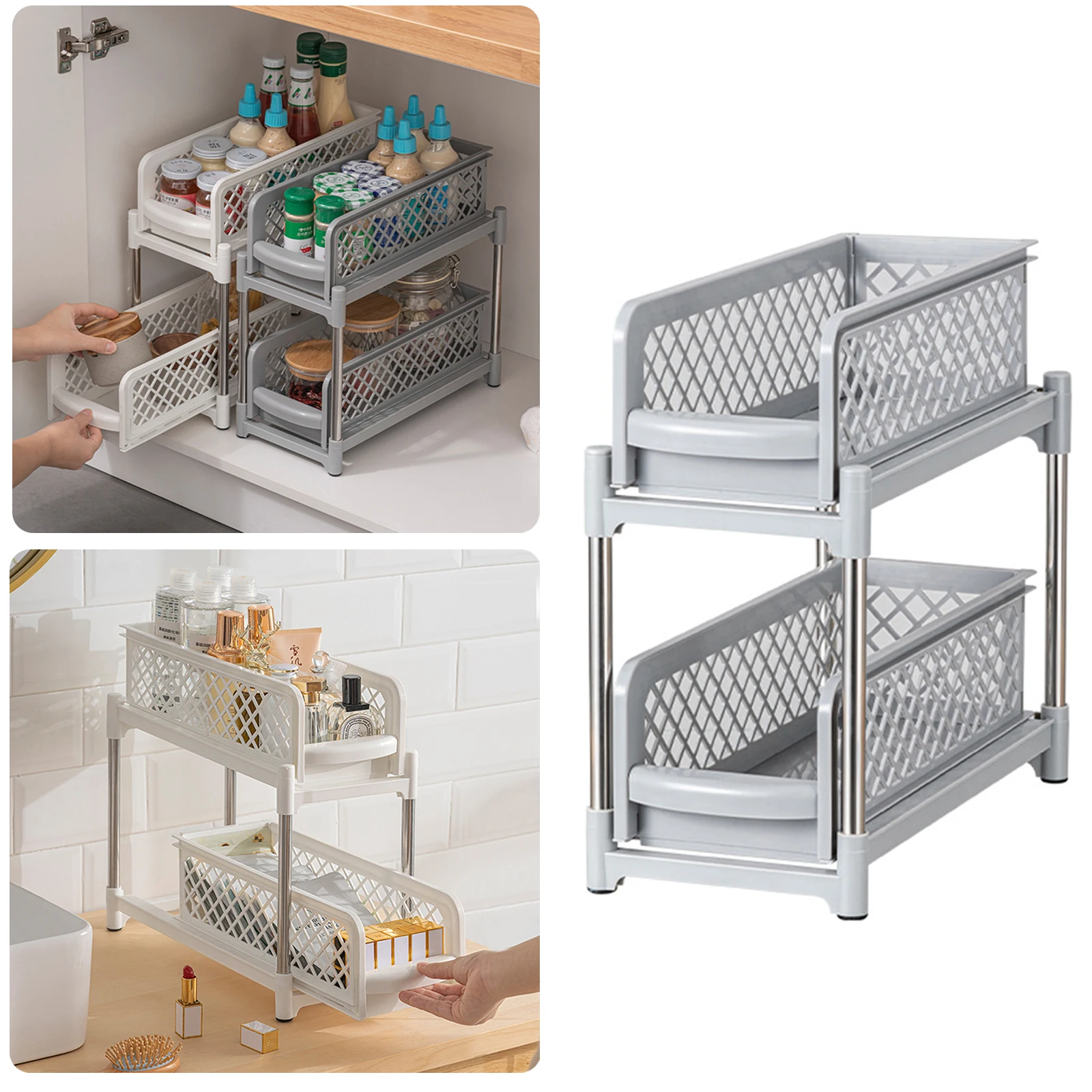 

2-Tier 37CM Kitchen Multi-Use Slide-Out With Handles Under Sink Organizer Spice Rack Knife Holder Bathroom Bath Organiser