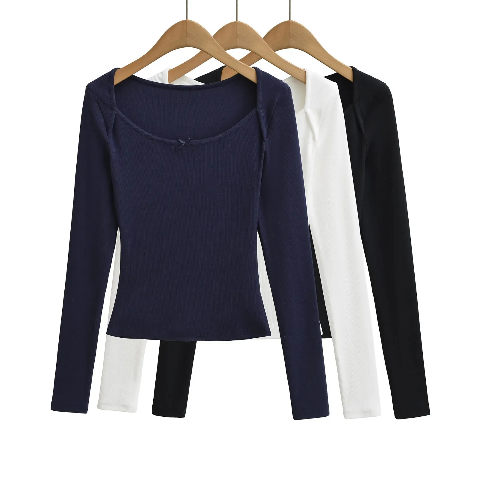 Sexy women's boat neck collar revealing collarbone bow tie long sleeve 2026 spring/summer slim-fit slimming regular ZF2G