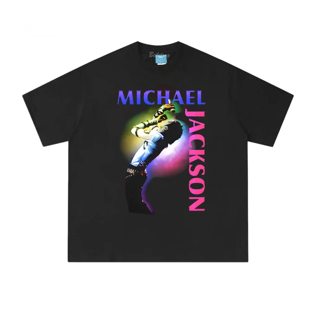 

Черная футболка с цветным прожектором Майкла Джексона, летняя футболка в стиле хип-хоп с рукавами, корейская хлопковая одежда высокого качества, женские/мужские топы
