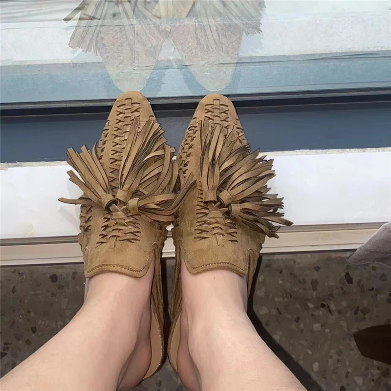 Suede Slippers Women Fringed Flat Mules Hollow Out Tassels Ladies Beach Shoes Handmade Luxury Gladiator Sandals Summer 2024