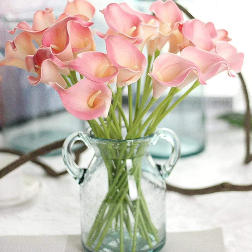 Mini Calla Lily Artificial Flower Bloom PU Heads Branch Bride Wedding Bouquet Home Office Farmhouse Spring Decor, 10 Pack,White