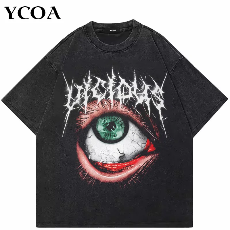 Men's T-Shirt Oversize Eye Graphic Tees Washed Black Hip Hop Cotton Tops Short Sleeves Y2k Streetwear Harajuku Vintage Clothing