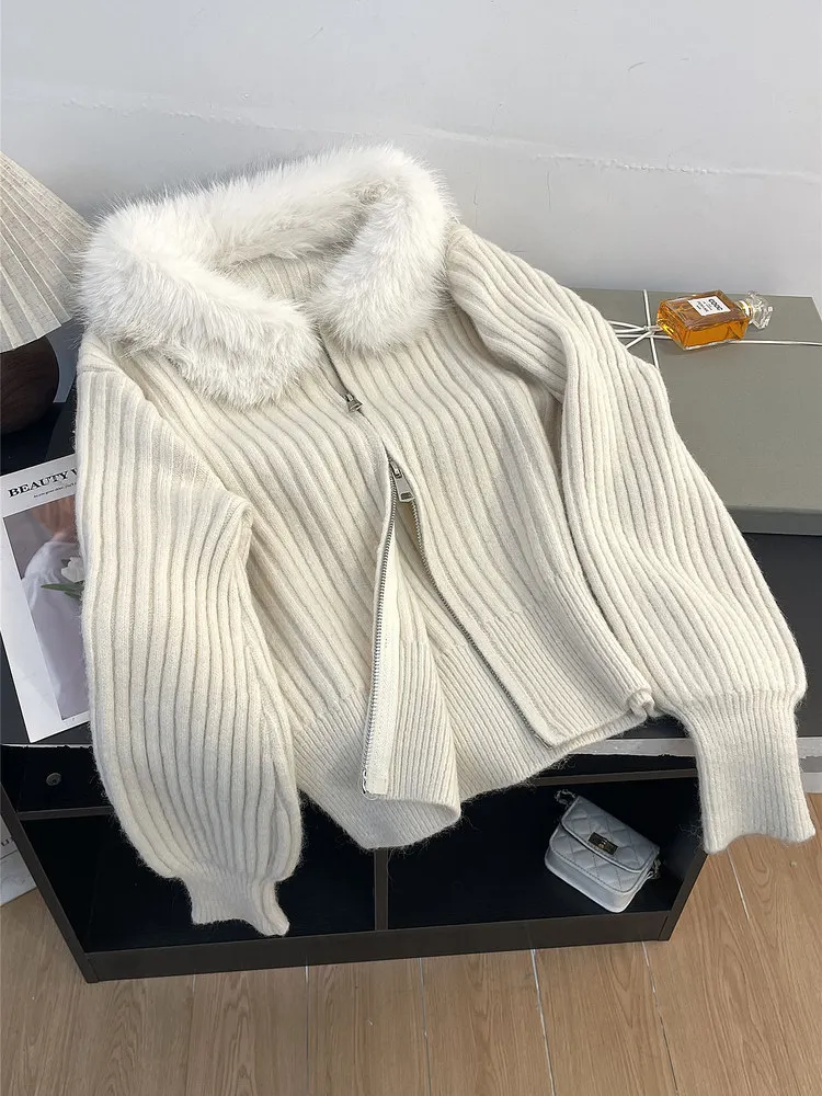 

Белый кардиган с меховым воротником, женский осенне-зимний уникальный супер красивый свитер, куртка, короткий вязаный кардиган, топ с внутренним слоем