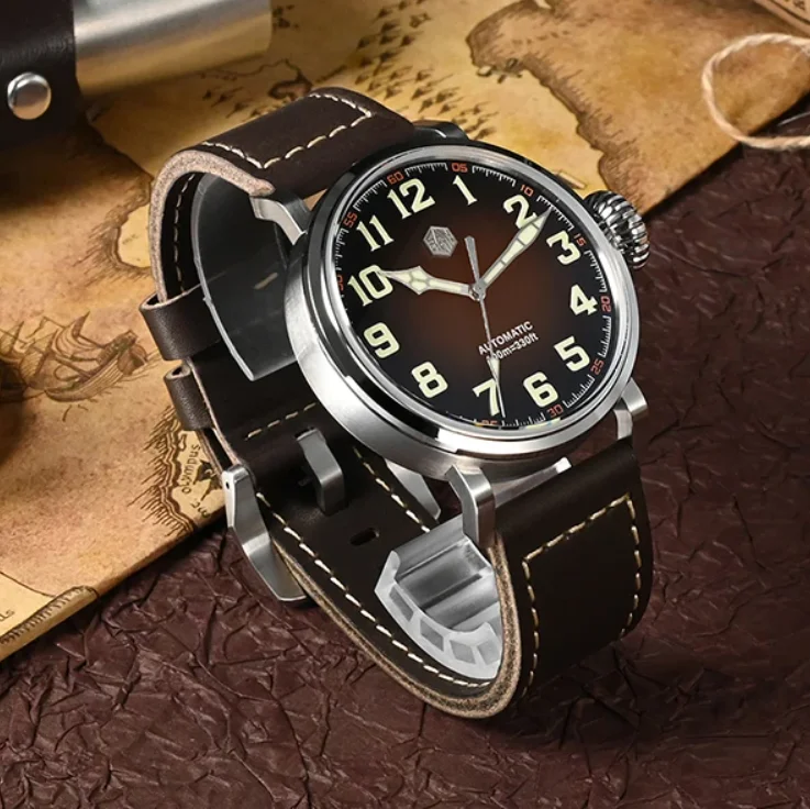 San Martin Men Pilot Watch 44.5mm Automatic Mechanical Wristwatch 10ATM Waterproof C3 Luminous Onion Crown YN55A