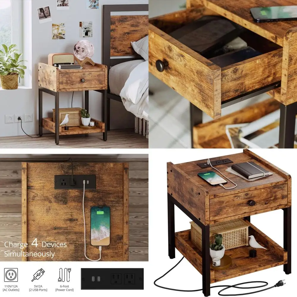 منضدة شحن بنية عتيقة مع درج تخزين ورف لغرفة النوم وغرفة المعيشة، سهلة التجميع، ثابتة #1