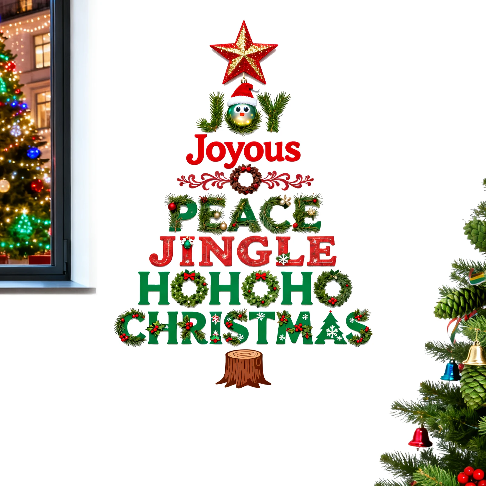 Merry Christmas Tree Wall Sticker, Christmas Quote Wall Sticker, Christmas Decoration Sticker, Joy Love Peace Holiday Decoration