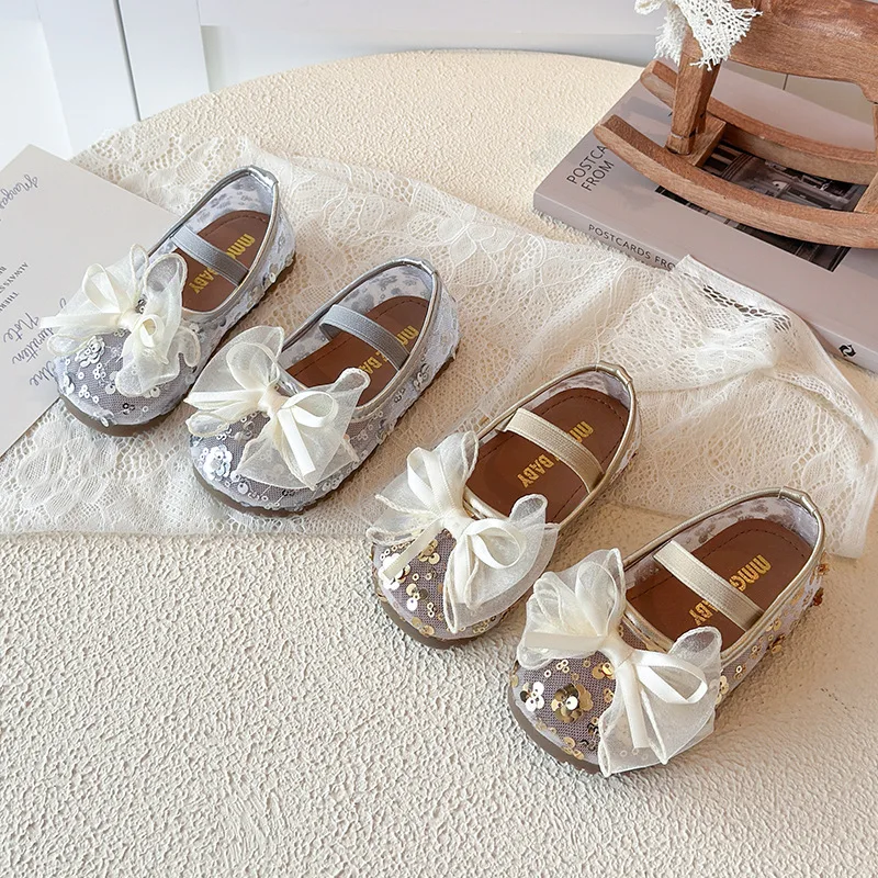 

Girls Bow Princess Shoes Spring Summer New Kids Fashion Sequined Lace Baby Shoes