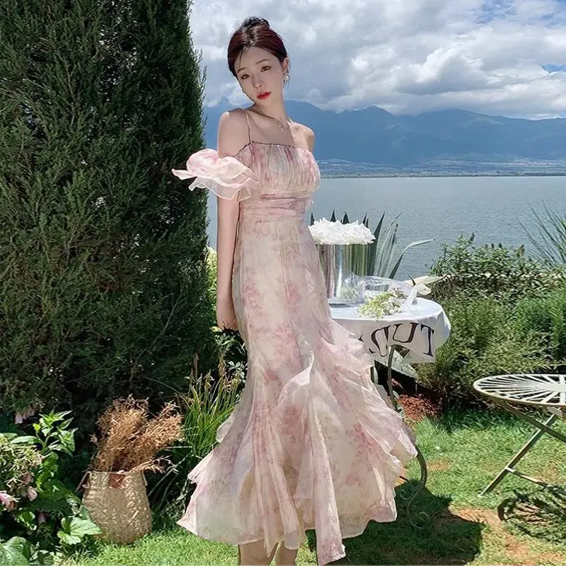 فستان نسائي صيفي فرنسي مثير بأكمام منتفخة ومطبوع فساتين طويلة بقصة ضيقة بدون ظهر قميص مزهّر ملابس Coquette Y2k