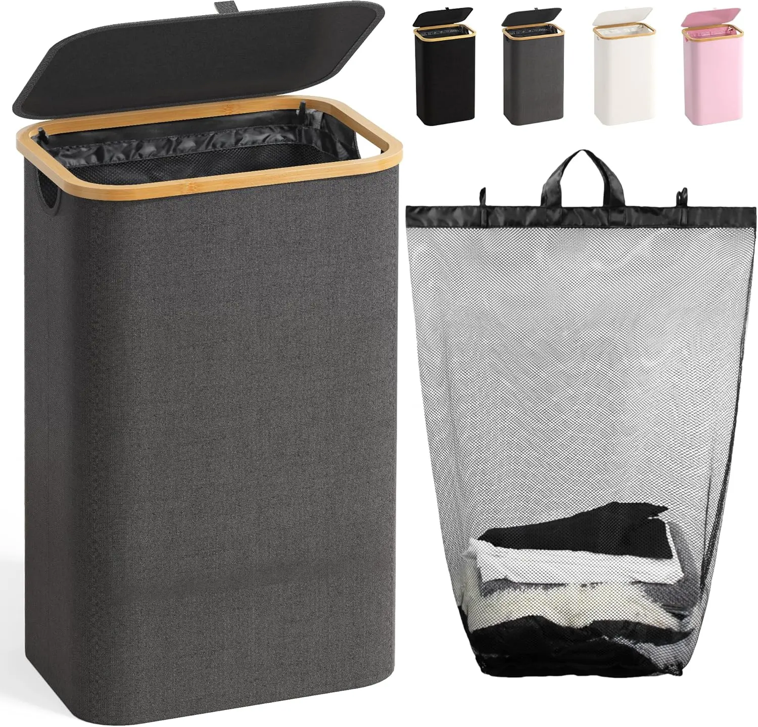 

100L Laundry Hamper with Lid, Bamboo Handles, Removable Bag, Large Clothes Basket for Bedroom, Grey