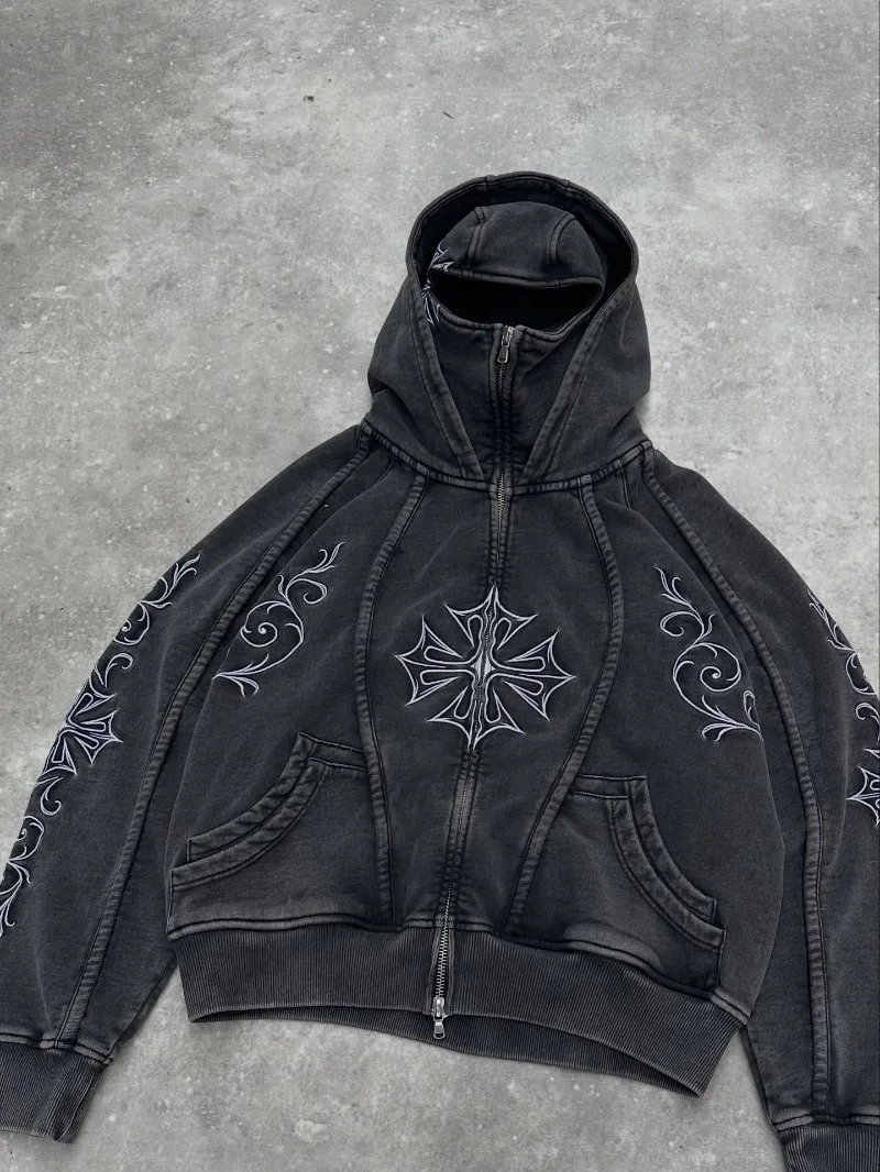 Y2K Harajuku rétro trèfle à quatre feuilles rayure broderie design à la mode hommes veste ample gothique rue punk sweat à capuche décontracté