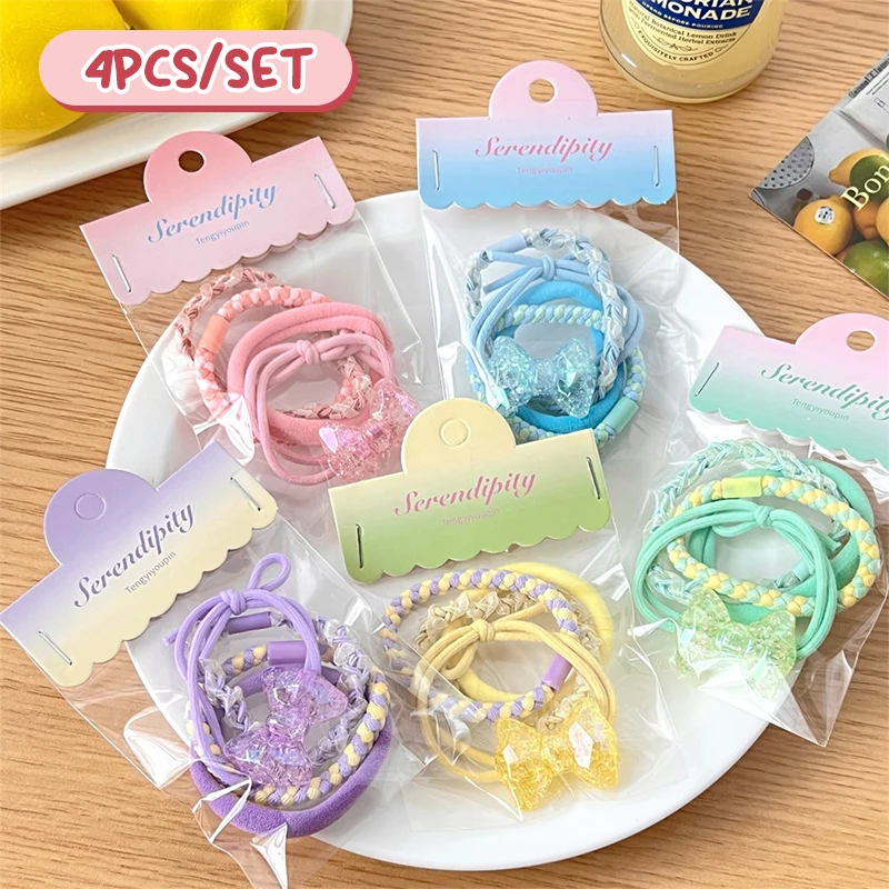 4Pcs Cute Crystal Bow Hair Rope Sweet Elastic Hair Ties High Ponytail Holder Rubber Band For Girls Children Hair Accessories