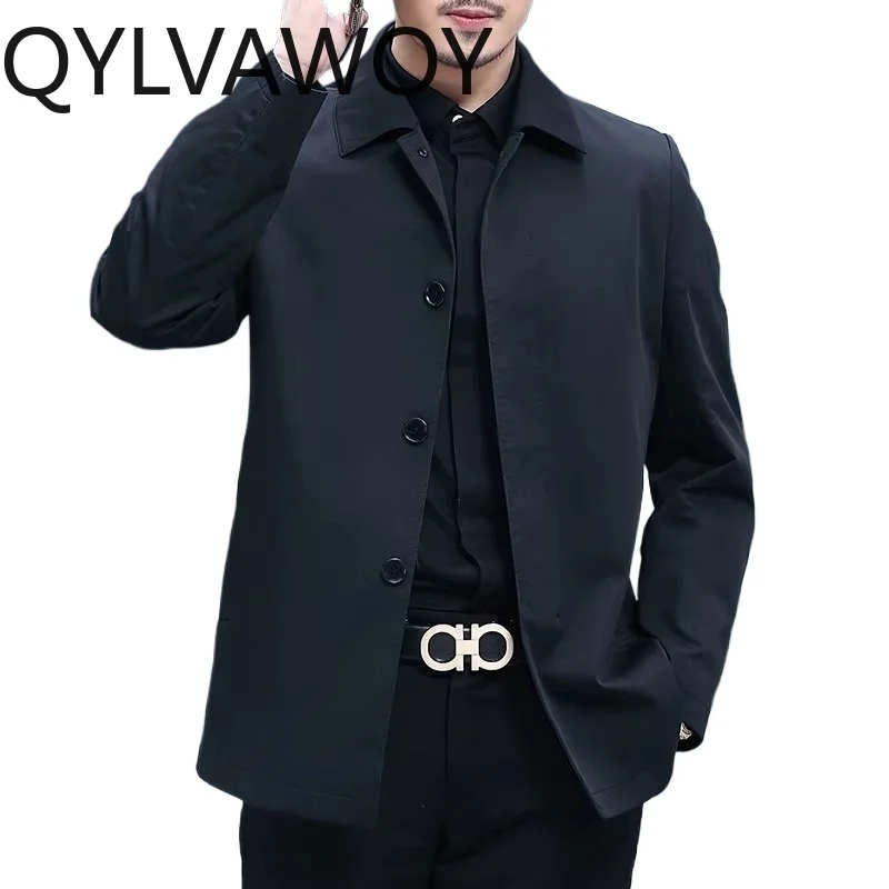 

QYLVAWOY 100% хлопковые мужские куртки: Новая весенне-осенняя мужская верхняя одежда, плащ с отложным воротником, водонепроницаемое мужское пальто, деловой повседневный стиль
