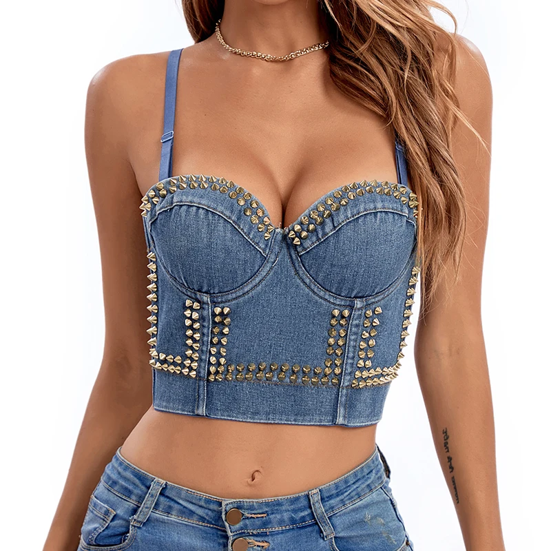 

Blue Cotton Denim Rivet Corset Bra Women Bustier Spaghetti Strap Gothic Bodice Adjustable Short Navel Cropped Tops