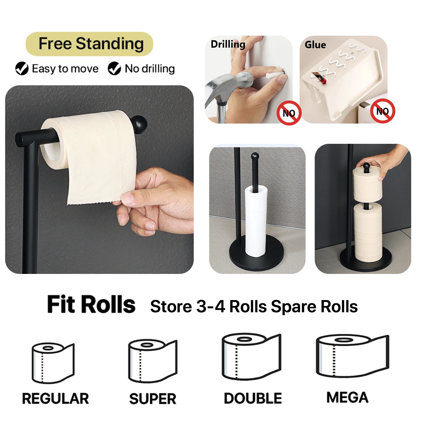 Floor Standing Toilet Paper Holder 304 Stainless Steel Black Roll Paper Dispenser With Paper Storage for Bathroom Organization