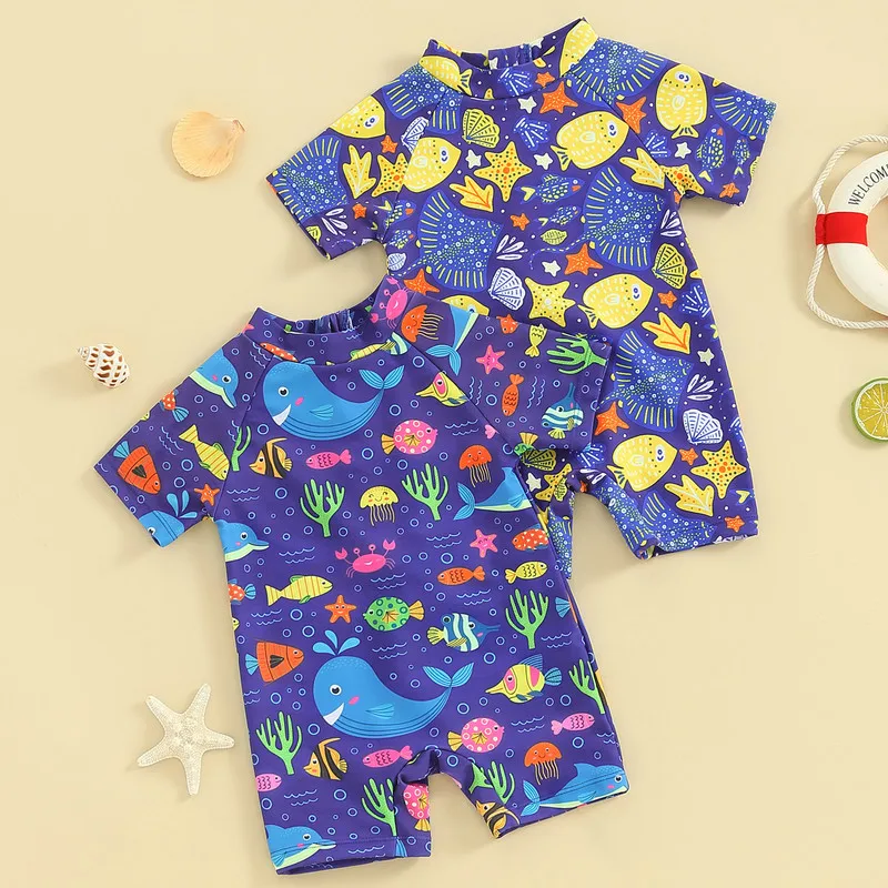 

Baby Rash Guard Swimsuit Cute Fish Print Short Sleeve Zip Up Bathing Suit Swimwear