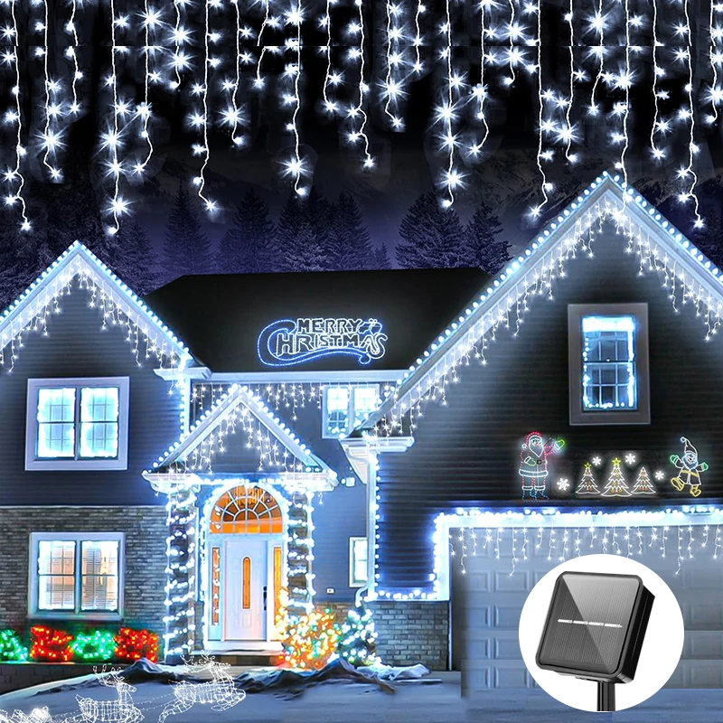 Solar LED Christmas Lights Outdoor Waterproof Curtain Icicle Lights for Tree Wedding Party Patio Eave Yard Holiday Decoration