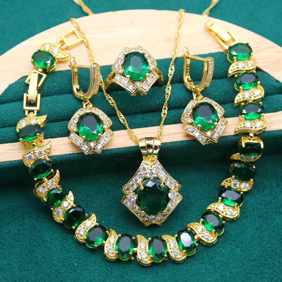 Luxurious Green Zircon Gold Color Jewelry Sets for Women Wedding Bracelet Earrings Necklace Pendant Open Ring Dating Gift