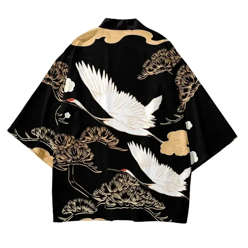 Cardigan Kimono con stampa modello gru tradizionale uomo donna Harajuku Yukata Top giapponese Haori Samurai Cosplay abbigliamento streetwear
