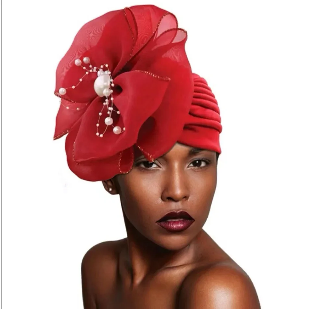 2025 Lastest African Headtie Big Flower Turbante Bonnet for Women Muslim Hijab Headscarf Chemo Caps Wedding Party Headwear Mujer