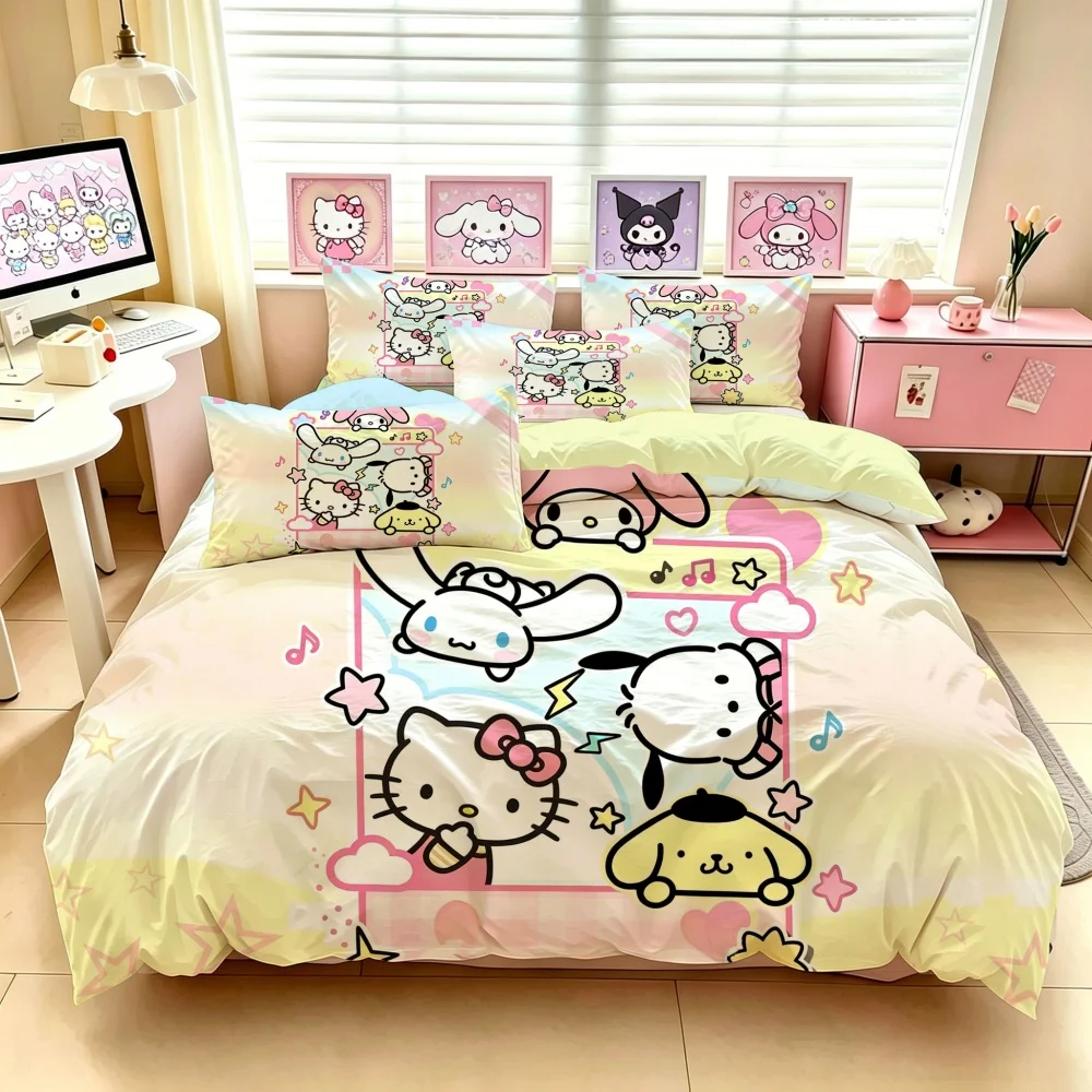 Sanrio Hello Kitty Bedding Set Double/Twin/Full/Queen, Soft Quilt Cover with Pillowcase, Cute Cartoon Bed Linens for Girls Dorm