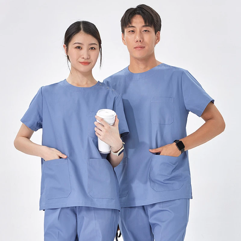 

Shoulder Snap Scrub Set Medical Uniforms Nurse for Women Men Round Neck Surgical Surgery Workwear Pair Dental Suit 210