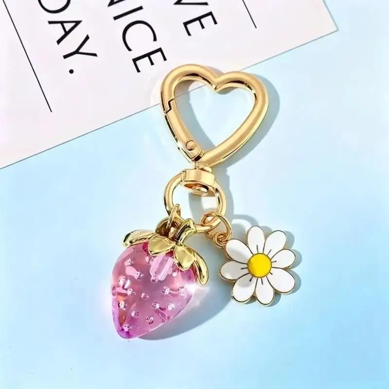 Niedlicher Erdbeer-Herz-Blumen-Schlüsselanhänger Taschenanhänger für Mädchen, Handtaschen-Geschenke, Deko-Accessoires – Detail 5