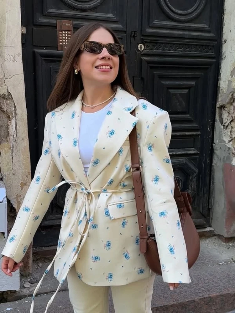 

Printed Lapel Lace Up Waist Cinching Suit Jacket Women Elegant Shoulder Pad Long Sleeve One Button Blazers Chic Ladies Outerwear