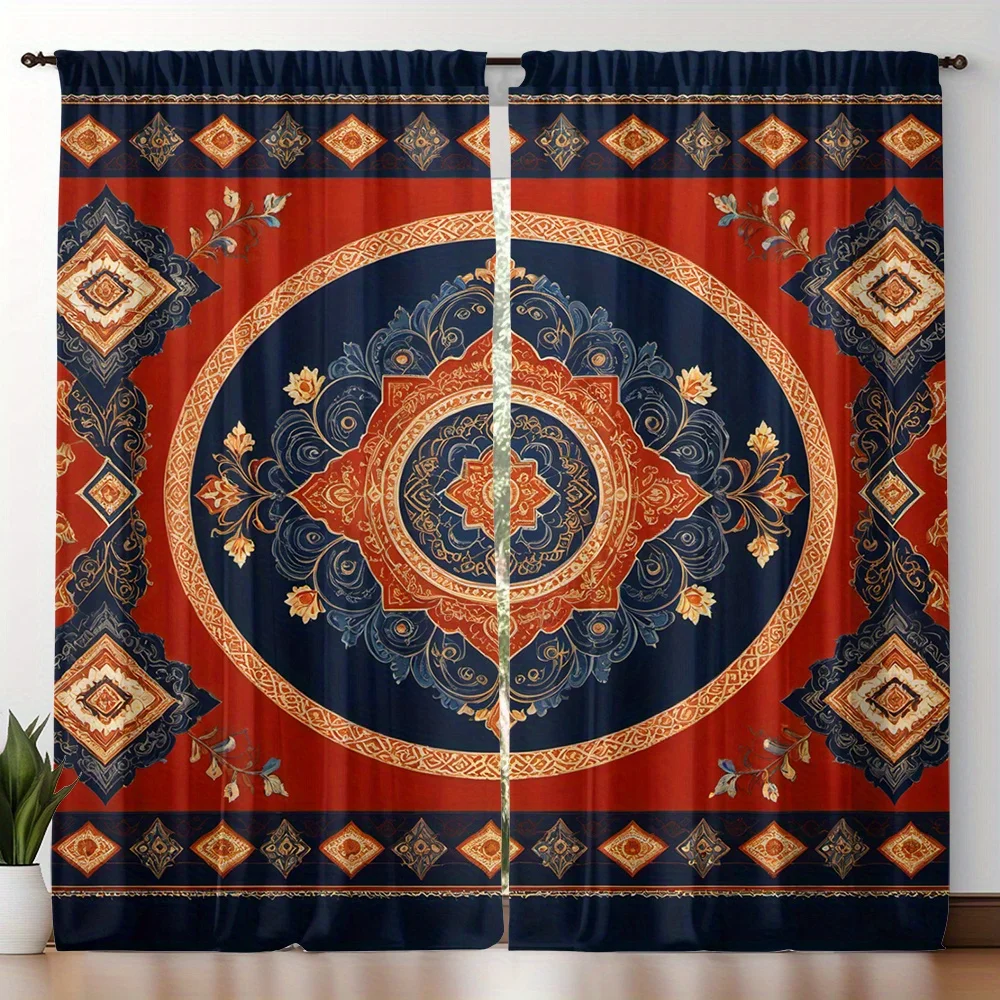 Luxury Tapestry Curtains for Living Room Home Decoration Royal Blue Red Ornate Patterned Window Curtain Panel