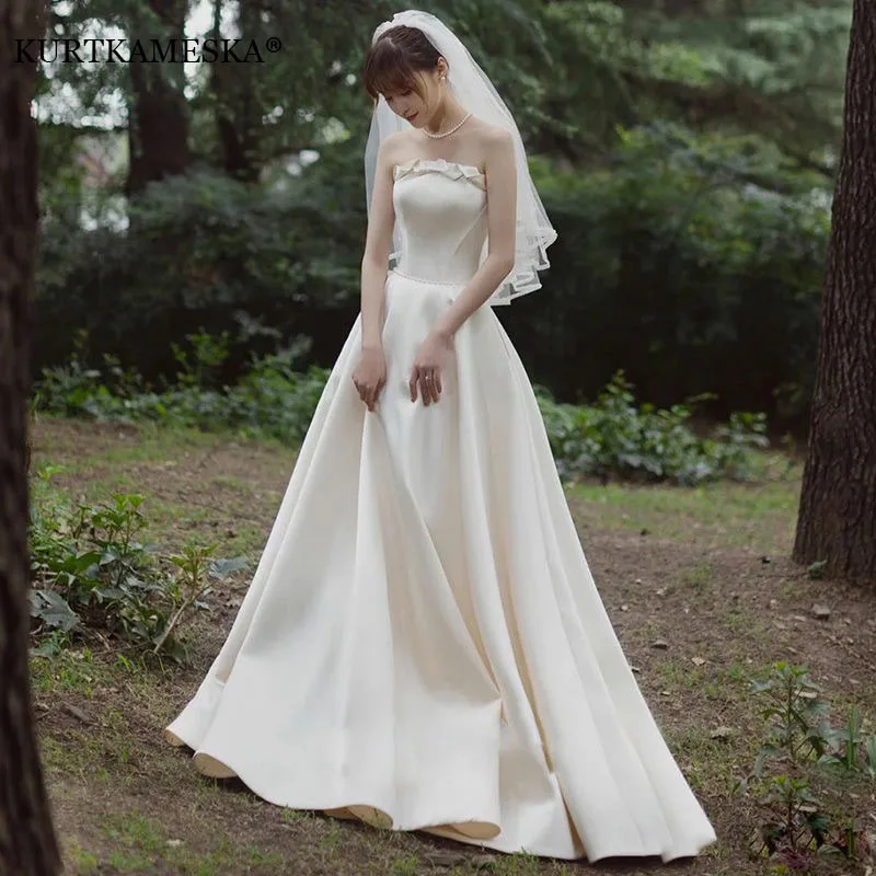 Luxury White Satin Strapless Wedding Maxi Dresses for Bride Simple Korean Long Prom Evening Guest Cocktail Party Women Dress