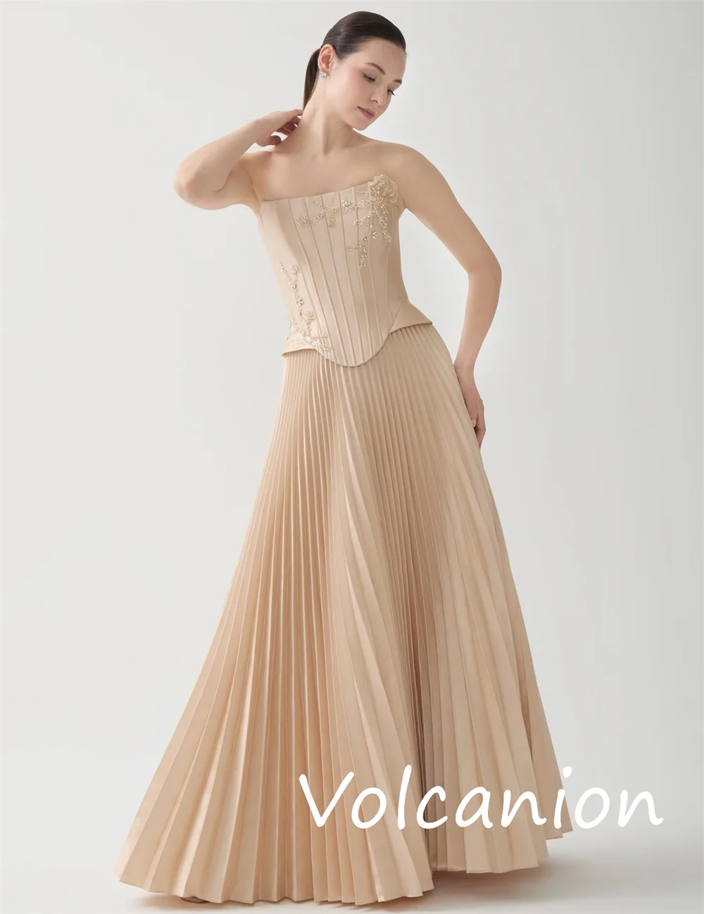 Jersey Gaya Cina Kustom Gaun Panjang Tanpa Tali A-line Wiru Berpayet Mode Pastrol Acara Dipesan Lebih Dahulu