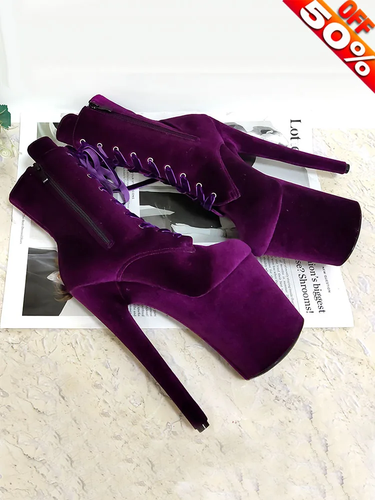 

Women's Flock Lace-Up Platform Ankle Boots 20cm Exotic Pole Dance Shoes 8-Inch Heels Fashion Nightclub Stripper Models Sexy Feti