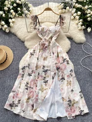 French Retro Printed Dress Women Summer Sexy Slit Square Neck Elegant Beach Dresses Ladies Slim A-line Floral Long Robe Vestidos