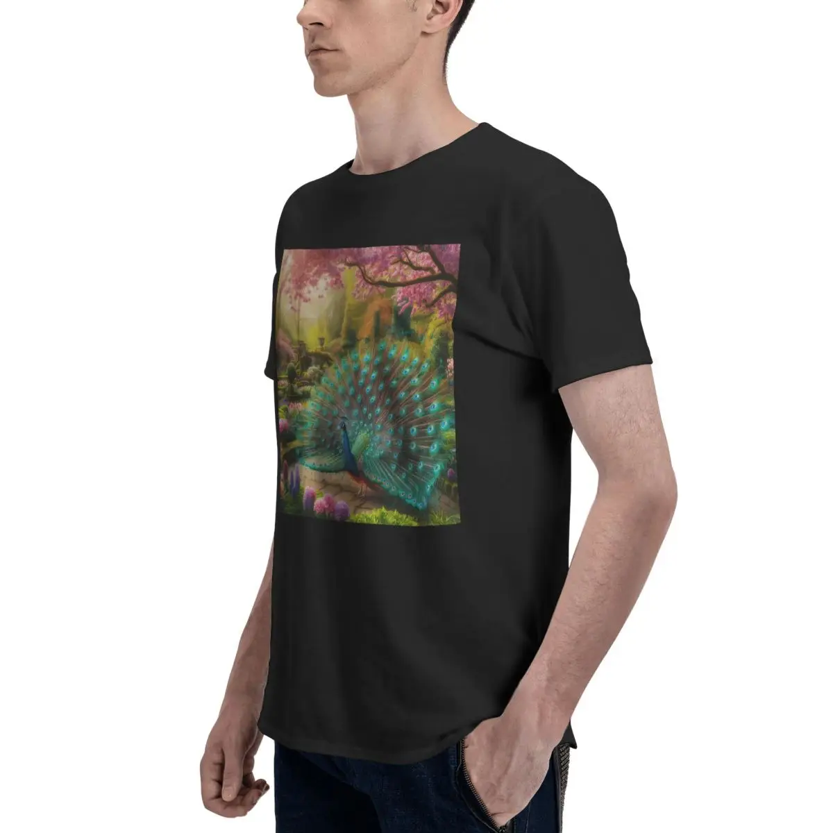 2024 New Summer Men Basic Short Sleeve T-Shirt Peacock Premium Quality Pattern Print,Graphic Cool Edgy Casual Tees Streetwear