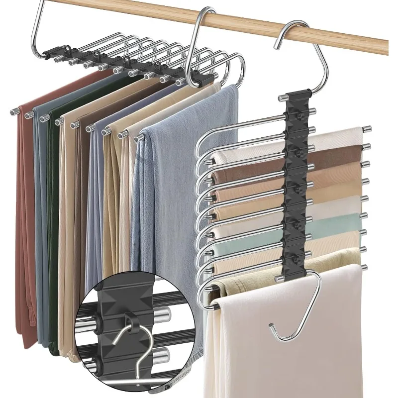 9 Layers Pants Hangers Space Saving, 2 Pack Multifunctional Pant Rack Stainless Steel Closet Organizer