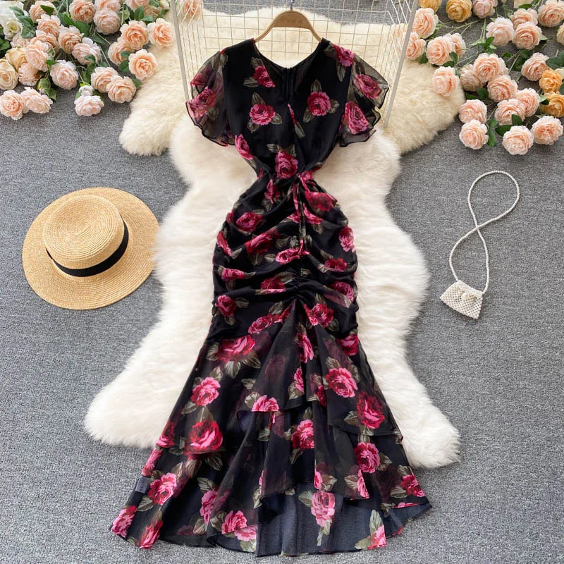 Vintage chiffon print Elegant V-neck Dress ruffle Casual High Waist  Women Summer  Mermaid sweet dresses