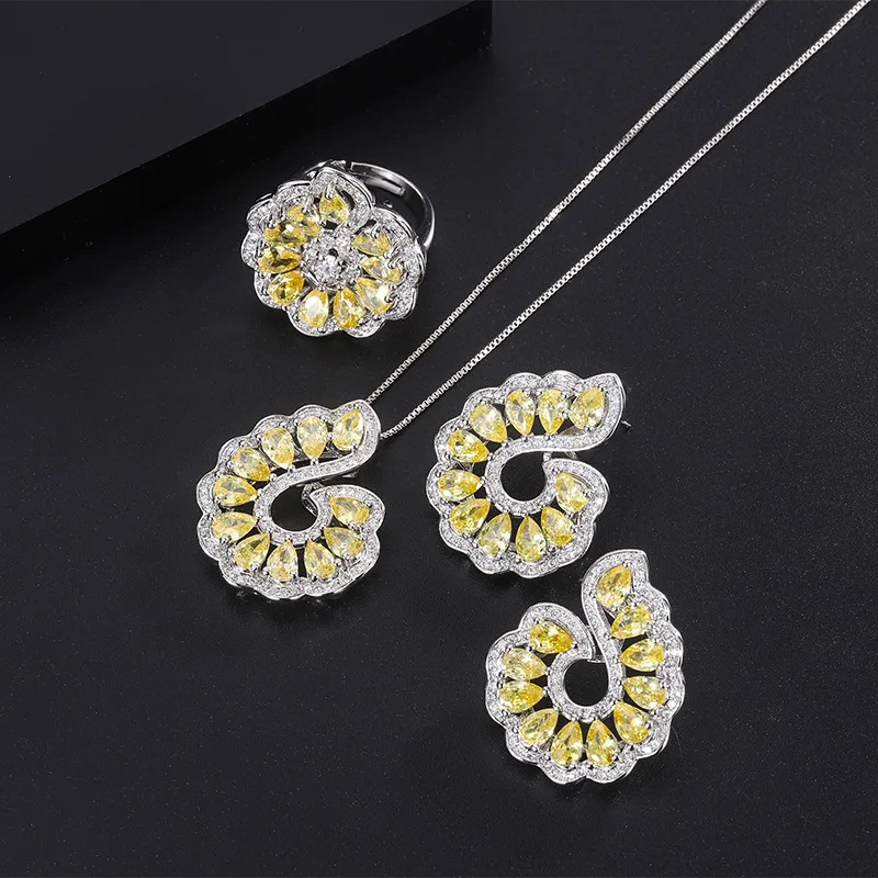 

Yellow Vortex Crystal Teardrop Flower Necklace Ring Earring Set Women Luxury Wedding Party Jewelry Anniversary Gift Vintage