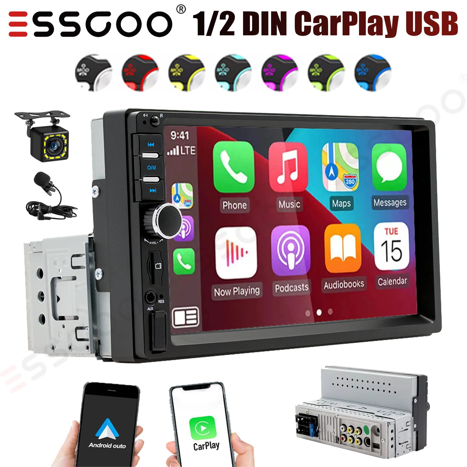 

Автомагнитола ESSGOO 7 дюймов, универсальная, 1 DIN, с сенсорным экраном, поддержкой Apple CarPlay и Android Auto, Bluetooth, USB, TF, микрофоном и камерой